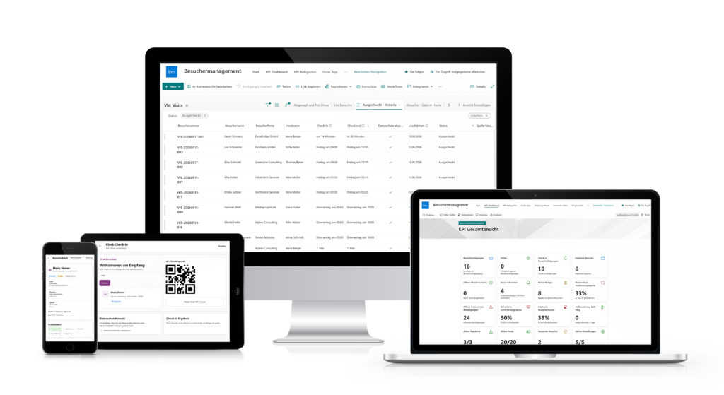 Responsives Besuchermanagement auf Microsoft 365 mit SharePoint-Listen, KPI-Dashboard, Kiosk-Check-in und mobiler Besuchsdetailansicht auf mehreren Endgeräten