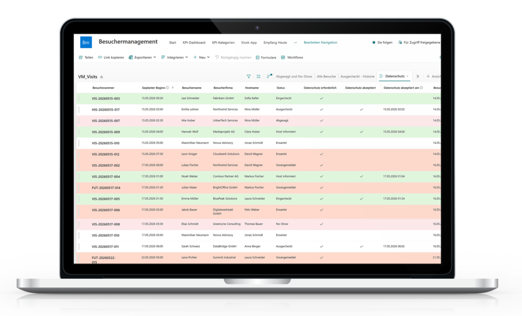 Besuchsliste mit farblich hervorgehobenen Zeilen für Datenschutzstatus, Besuchsstatus, geplanten Beginn, Host und Besucherinformationen