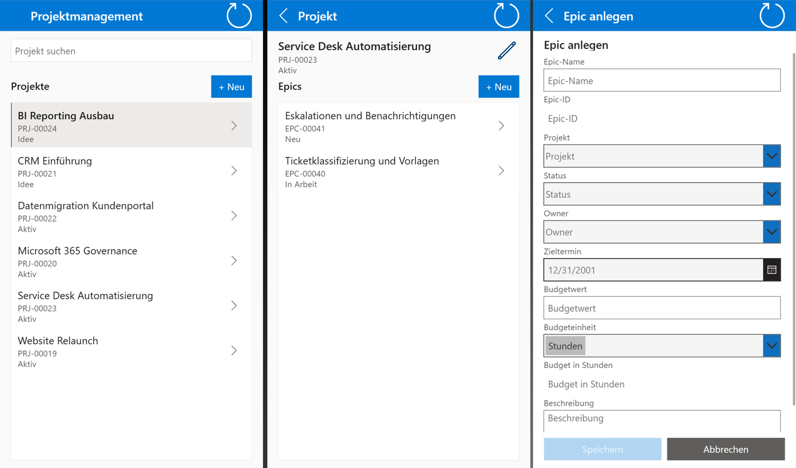 Mobile oder responsive Power-App-Ansicht für Projektarbeit mit Projekten, Arbeitspaketen, nächsten Schritten und fokussierter Bearbeitung.